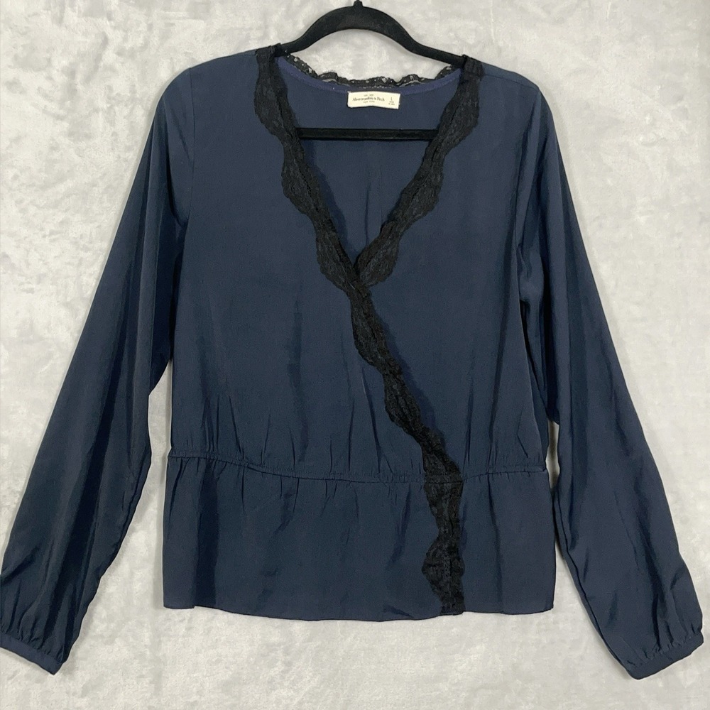 Abercrombie Womens Blouse Navy‎ Lace Trim V-Neck Faux Wrap Long Sleeve Top Y2K L